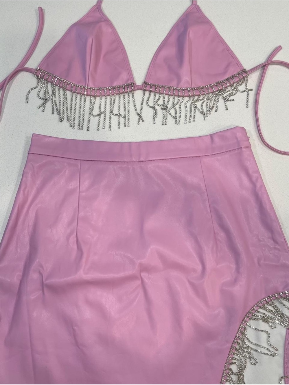 Windsor Pink Rhinestone Fringe Bralette & Skirt Set